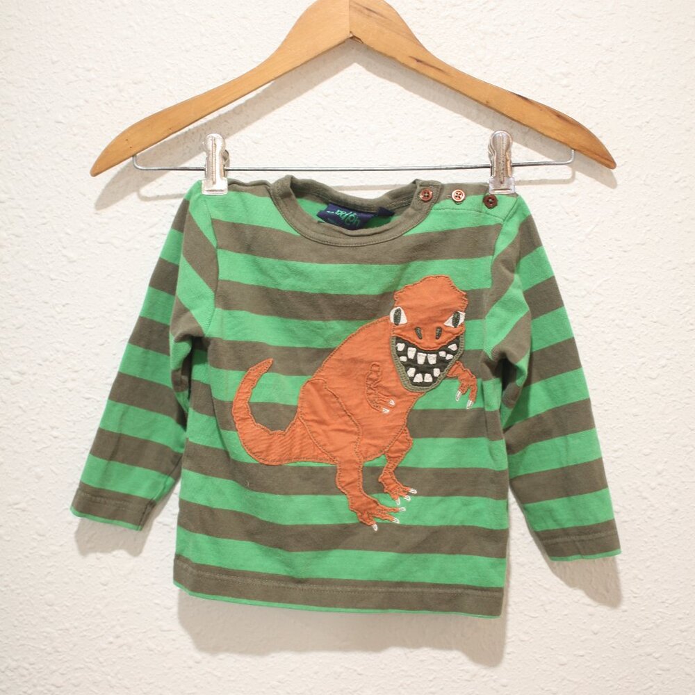 Mini Boden dinosaur t rex green stripe long sleeve t shirt 18/24 months